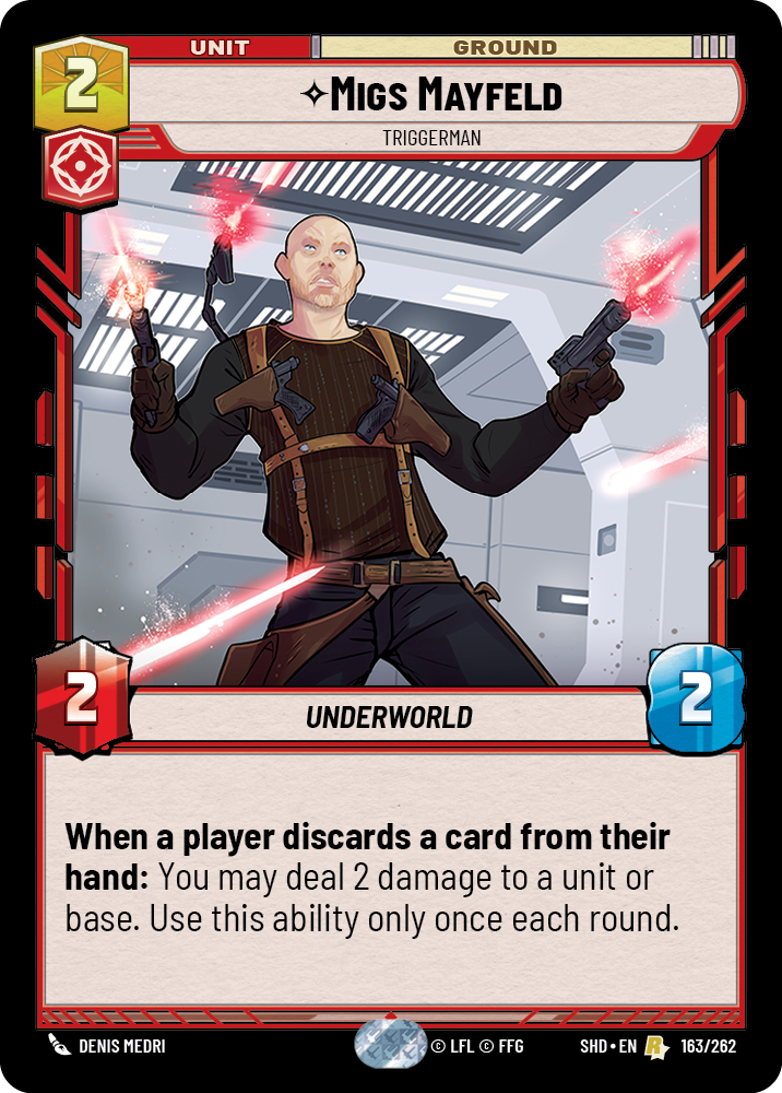 This image shows the Migs Mayfeld card from the Star Wars: Unlimited set Shadows of the Galaxy. 