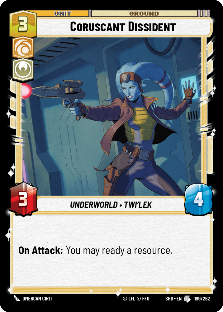 This image shows the Coruscant Dissident card from the Star Wars: Unlimited set Shadows of the Galaxy. 